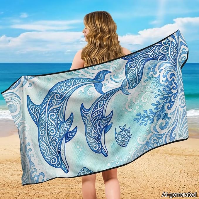 Dolphin Print Car Seat Towel Covers Front Seats Polynesian Style Automotive Seat Covers with Storage Bag Multi-Purpose Absorbent Microfiber Towels, Blue - Image 3