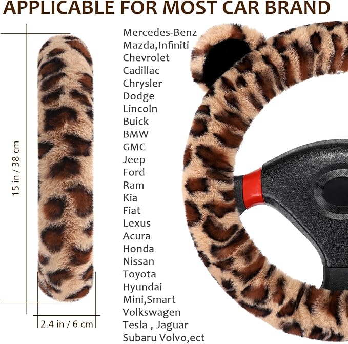 Accmor Fluffy Car Steering Wheel Cover, Leopard Fuzzy Vehicle Wheel Cover for Women Non-Slip Furry Warm Steering Wheel Protector with Cute Ears, Car Accessories 15 inch Universal Fit Auto, Suvs, Truck - Image 2