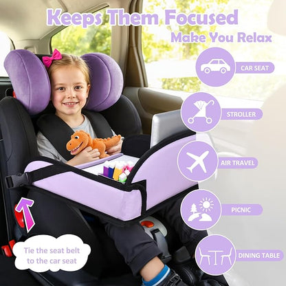 Toddler Car Seat Travel Tray FOR Road Trip Activities, Purple | Kids Carseat Tray With 16.7" x 13.4" Smooth Dry Erase Board, Cup holders, Ddjustable Strap & Shoulder Carry Strap - Image 6