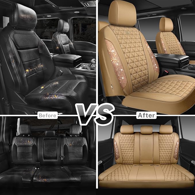 CAR PASS Bling Diamond Beige Leather Car Seat Covers Full Sets Interior Set, Waterproof Shining Glitter Sparkly Crystal Universal Armrest Fit for Automotive Truck SUV Cute Women Girl, Beige Rhinestone - Image 6