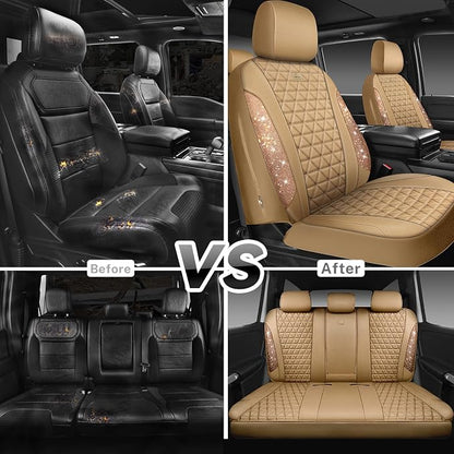CAR PASS Bling Diamond Beige Leather Car Seat Covers Full Sets Interior Set, Waterproof Shining Glitter Sparkly Crystal Universal Armrest Fit for Automotive Truck SUV Cute Women Girl, Beige Rhinestone - Image 6
