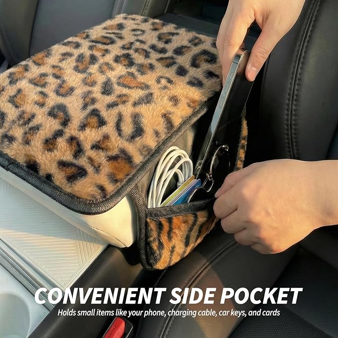 Plush Fuzzy Car Center Console Cover with Side Pockets, Leopard Print | Fluffy Armrest Cushion Pad,Soft Car Interior Accessories with Storage for Men & Women. Universal Fit for Vehicles SUV Truck - Image 4