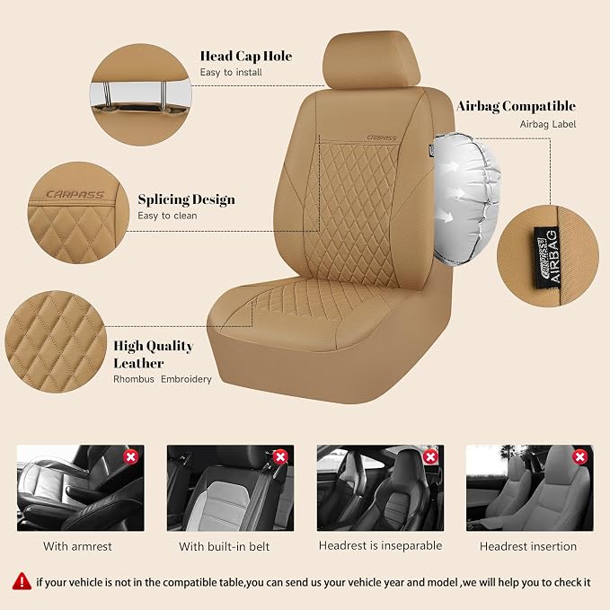 CAR PASS Faux Leather Seat Covers Full Set, Quilting Waterproof Premium Automotive Seat Cover with 5mm Composite Sponge Inside,Airbag Compatible, Universal for Most Cars Sedan SUV Truck, All Beige - Image 5