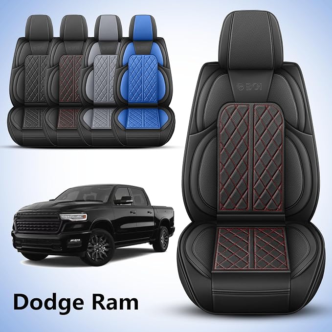 Car Seat Cover Custom Fit for Dodge Ram 1500 2500 3500 2002-2026 Faux Leather Seat Cover Set Compatible with Crew Quad Regular Cab Pickup Truck Cushions (Black Redline, Front Seat) - Image 2