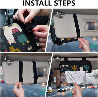 Car Tissue Holder Car Napkin Holder Car Tissue Box Dispenser Storage Case Sun Visor Mask Holder with Adjustable Straps Reusable Refillable White Llama Green Cactus - Image 5