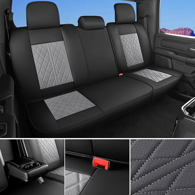 Custom Fit Chevy Silverado GMC Sierra 1500 2007-2026 2500/3500 HD Crew Cab Full Set Car Seat Covers - 5 Pack, Premium Faux Leather Truck Seat Protector with Airbag Compatible Design, BlackGrey - Image 6