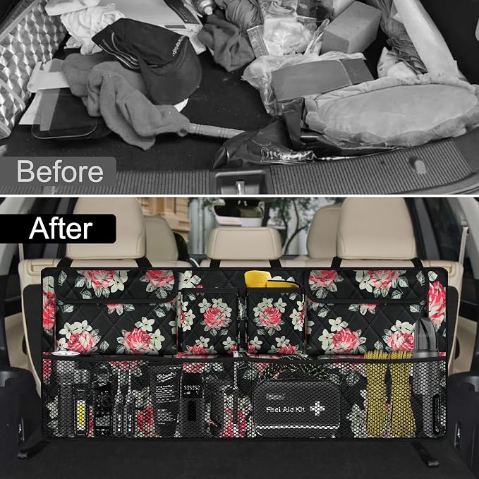 Femuar Car Trunk Organizer,Large Capacity Backseat Trunk Organizer(42"*18"),Collapsible Car Storage Bag with 8 Pocekt,Car Organizer for SUV/MPV/Truck - Floral - Image 5