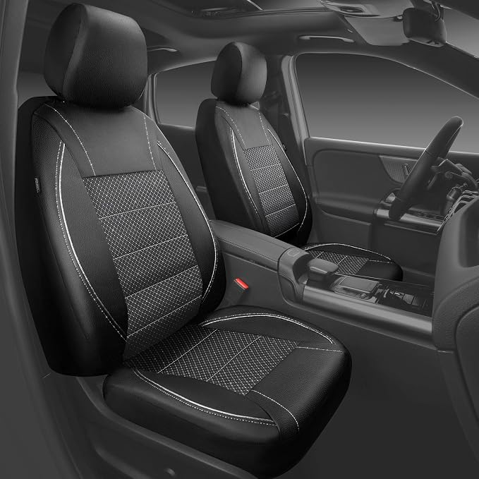 CAR PASS Piping PU Leather Car Seat Cover Full Set, Inside Zipper Design and Reserved Opening Holes, Airbag Compatible,Universal FIT for Car, SUVs,Van,Trucks（Full Set, Black & Silver - Image 2