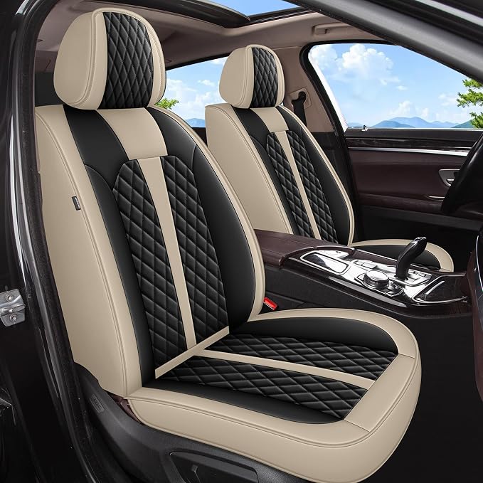 IKABEVEM Car Seat Covers fit for Subaru Legacy 2008-2024 2025 | Waterproof Leather, Airbag Compatible, Easy-Wipe Car Seat Protector,2 Front Seats Covers Fit for Legacy, Beige&Black by IKABEVEM