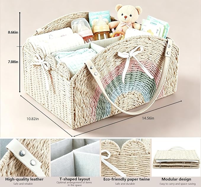 Large Baby Diaper Caddy, Paper Rope Storage Baskets Nursery Bin with Removable Divider, Portable Car Organizer for Diapers, Baby Shower Gifts, Newborn Essentials Must Haves (Light beige) - Image 3