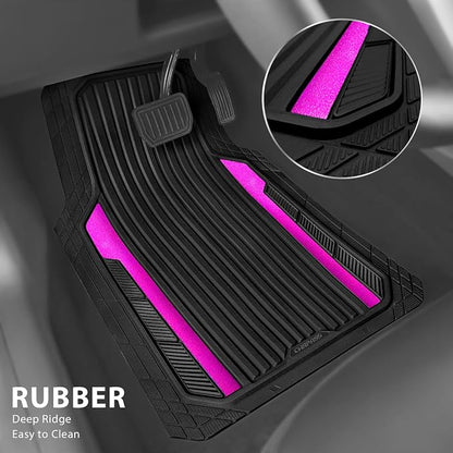 CAR PASS Heavy Duty Rubber Car Mats Metallic, Aluminum Film All Weather Floor Mats Waterproof Universal Trim to Fit for SUV Sedan Van 4 Piece Anodized Deep Dish Two-Tone Sporty Black Hot Pink Chrome - Image 2