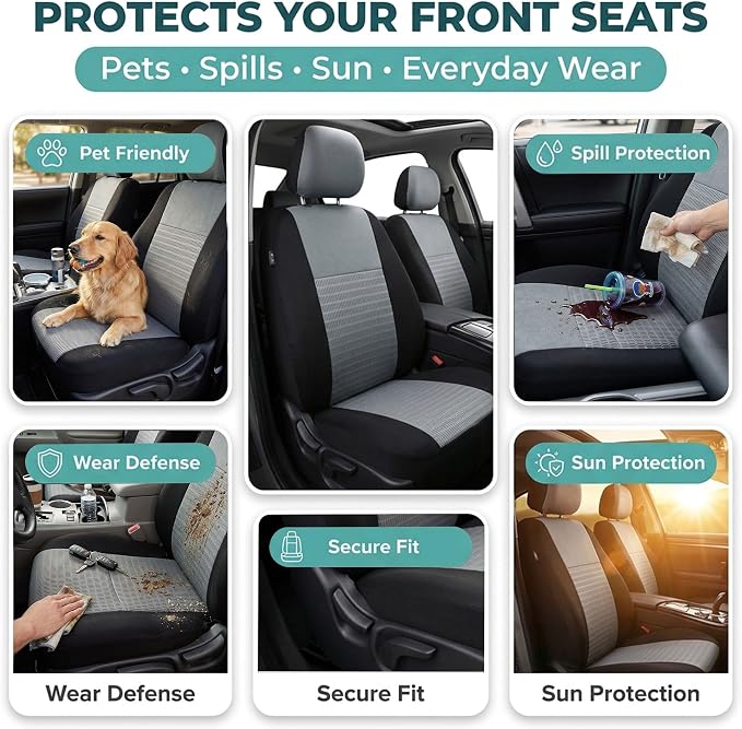 FH Group Universal Car Seat Covers Front Set for SUV Truck Sedan Vans | 3D Textured Breathable Fabric Seat Cover Set Protector with Airbag Compatible Interior Upgrade - Gray - Image 6