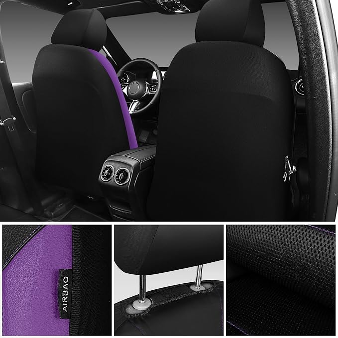 CAR PASS Leather Car Seat Covers Front Seats only, with Air Mesh Front Seat Covers Breathable, Cool Automotive Seat Covers 2 Pack, Universal Fit Most Cars,SUV,Truck,Van Airbag Compatible(Black Purple) - Image 6
