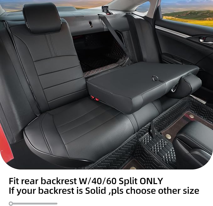 Lolcar Custom Fit Civic Seat Covers for Honda Civic 2016 2017 2018 2019 2020 2021 Hatchback EX,Sport Touring,EX-L - 5-Seats Leather Full Set，Black(60/40 Split Seatback) - Image 4