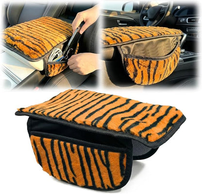 Plush Animal Print Car Center Console Cover with Side Pockets, Fluffy Armrest Cushion Pad.,Soft Car Interior Accessories with Storage for Women. Universal Fit for Vehicles SUV Truck (Tiger Print) - Image 2