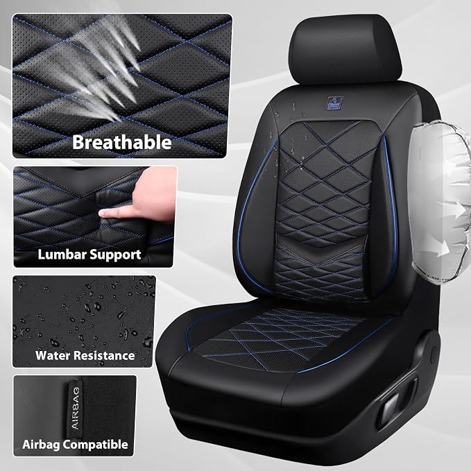 CAR PASS Luxury Nappa Leather Seat Covers Front, Water Resistant 3D Memory Foam Car Seat Covers with Lumbar Support,Thick Seat Cover Airbag Compatible Universal Fit for Sedan SUV Van Truck, Black Blue - Image 7