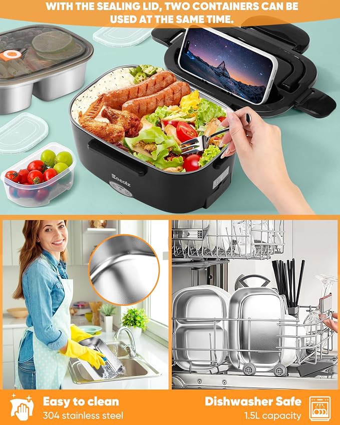 Eocolz Electric Lunch Box Food Heater 80-100W, Food Warmer with Dual Container 1.5L Portable Heated Lunch Box for Car Truck Work Stainless Steel Fork & Spoon 12/24/110V for Adults Lonchera Eléctrica - Image 3