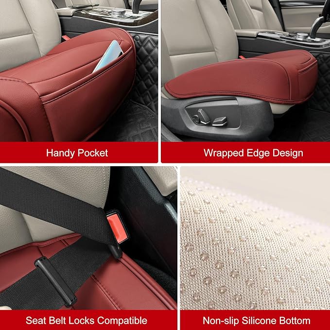BOPUOVRE Car Seat Cover for Luxury & Comfort PU Leather | Anti Slip Full Wrap Protection Storage Pocket Bottom Cushion Universal Fit 95% Vehicles Dull Red 1 Piece - Image 4
