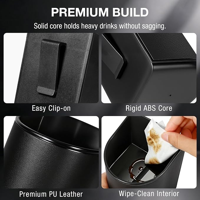 Car Door Cup Holder Sag-Free, Rigid Clip-On Extra Cup Holder for Car Backseat & Headrest, Fits 12-30oz Tumblers, Leather-Wrapped Car Cup Organizer for Sedans & EVs - Image 4