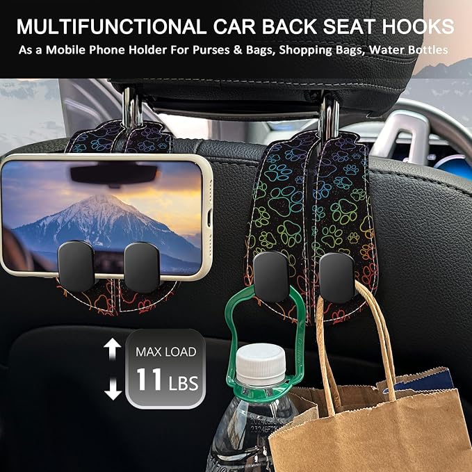 Blusabaca 2PCS Car Seat Headrest Hooks, Purses Bags Holder, Dog Paw | PU Leather, Double Metal Back Storage Hangers for Grocery Bags Handbags Bottles Coats Phones, Car Accessories Organization - Image 3