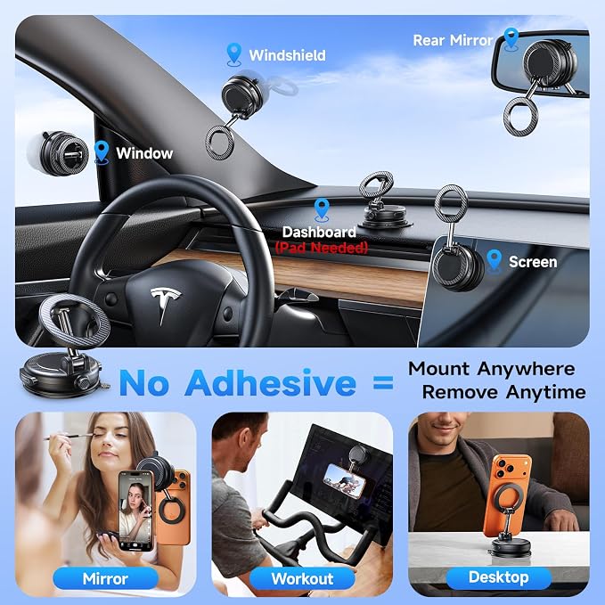 NeverFall Car Phone Mount for MagSafe, 89lbs Vacuum Suction, Strong Magnetic Dashboard & Windshield Mount, 360° Adjustable Phone Holder for iPhone & All Phones, Dark Gray - Image 2