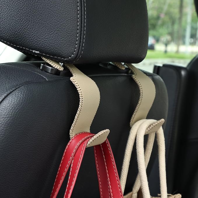 Car Seat Headrest Hook 55lb Heavy Duty Metal Hanger with Leather for Bags | Universal Fit car SUV Truck, Premium Microfiber Leather, Metal Core, Hang Purses Groceries Handbag Backpack, 2 Pack Beige - Image 7