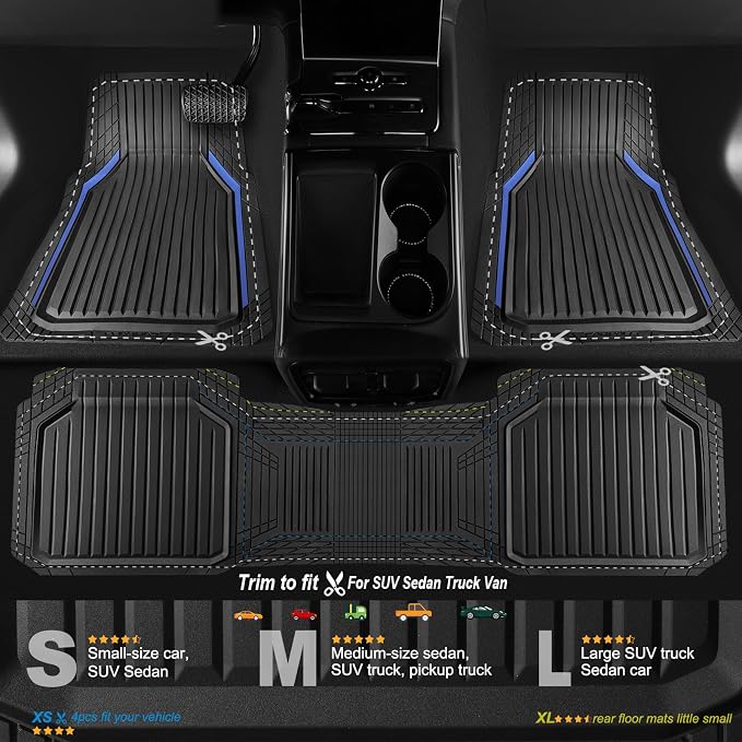 CAR PASS Heavy Duty Rubber Floor Mats for Car, Waterproof Liner Deep Dish Car Mats Full Sets, Universal Trim to Fit for SUV Truck Sedans Vans, All Weather Automotive Floor Mats 3pcs, Black Blue - Image 2