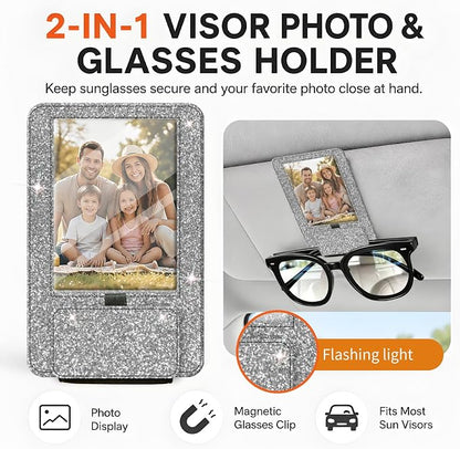 2-in-1 Car Visor Sunglasses & Photo Holder, Magnetic PU Leather Glasses Clip with Picture Display Slot, Universal Sun Visor Organizer for Eyeglasses, Personalized Cards & Memories, Silver Glitter - Image 3