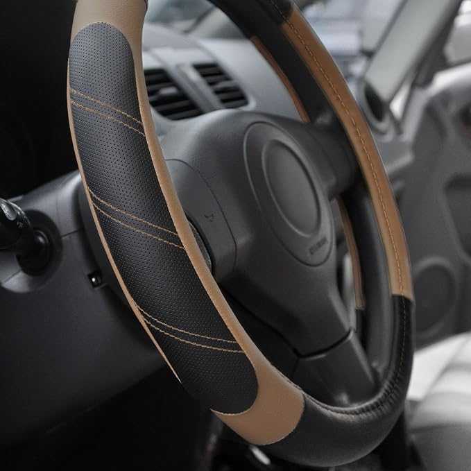Elantrip Leather Steering Wheel Cover 14 1/2 to 15 inch Universal Padded Soft Grip Breathable for Car Truck SUV Jeep Anti Slip Brown - Image 2
