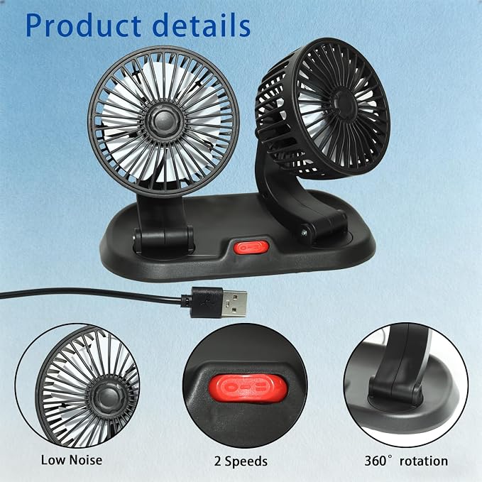 Dual Head Car Cooling Fan-360°Rotation,2 Speeds, Dashboard Fans for SUV/RV/Truck/Sedan/Office,USB Powered (2-Head 5V) - Image 8