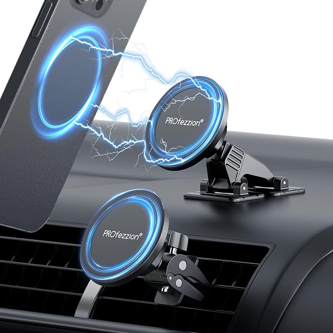 PROfezzion 2-Pack for MagSafe Mount Holder Fits Car Vent Dashboard & Office | Strong 3M Adhesive, Stable Vent Clip, Powerful Magnets Compatible with MagSafe for iPhone 17 - 12 Pro Max & All Phones by PROfezzion