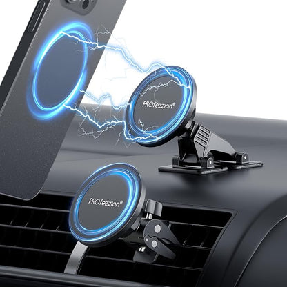 PROfezzion 2-Pack for MagSafe Mount Holder Fits Car Vent Dashboard & Office | Strong 3M Adhesive, Stable Vent Clip, Powerful Magnets Compatible with MagSafe for iPhone 17 - 12 Pro Max & All Phones by PROfezzion