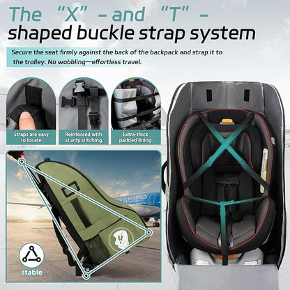 Rolling Car Seat Travel Bag with Wheels – Car Seat Backpack Transport Case for Airplane Travel, Fits Convertible & Booster Seats, Protective Storage Cover, (Green) - Image 3