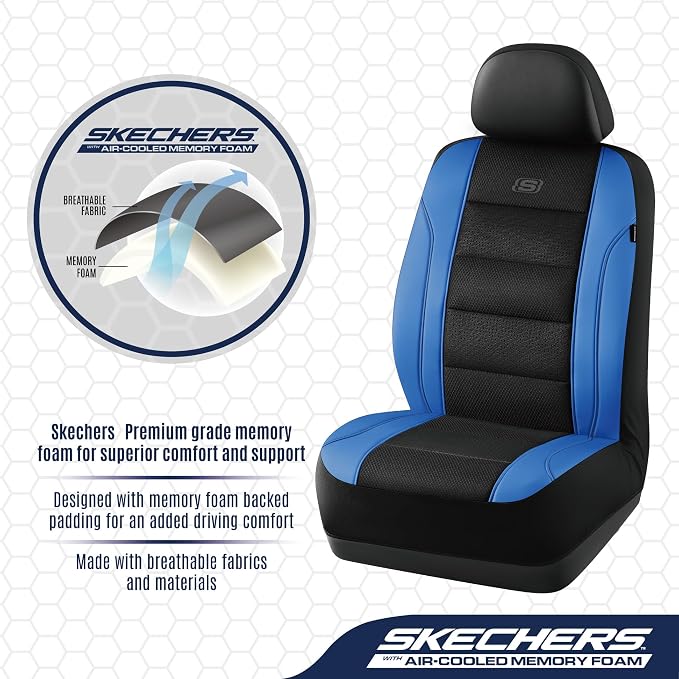 Skechers Seat Covers, Air-Cooled Memory Foam Car Seat Covers Front Seats, Airbag Compatible,Universal Fit for Most Cars, SUVs, Vans and Trucks,Blue - Image 2