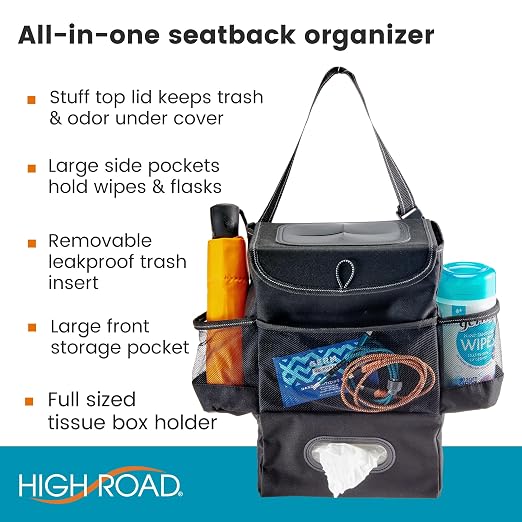 High Road Car Seatback Organizer - Hanging Car Trash Can with Tissue Holder | Car Tissue Holder and Trash Can with Removable Leakproof Liner Keeps Trash, Bottles and Boxes Off the Seat and Floor - Image 2