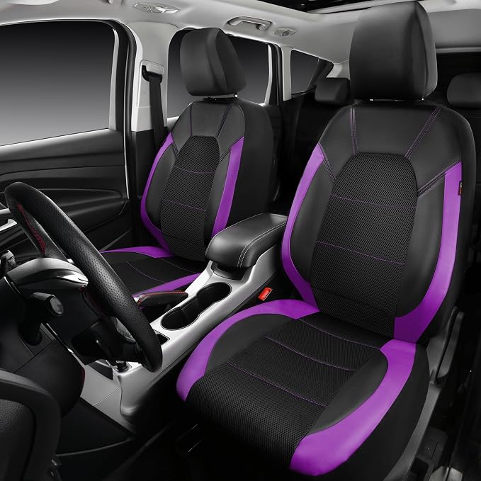 CAR PASS Leather Car Seat Covers Front Seats only, with Air Mesh Front Seat Covers Breathable, Cool Automotive Seat Covers 2 Pack, Universal Fit Most Cars,SUV,Truck,Van Airbag Compatible(Black Purple) - Image 3