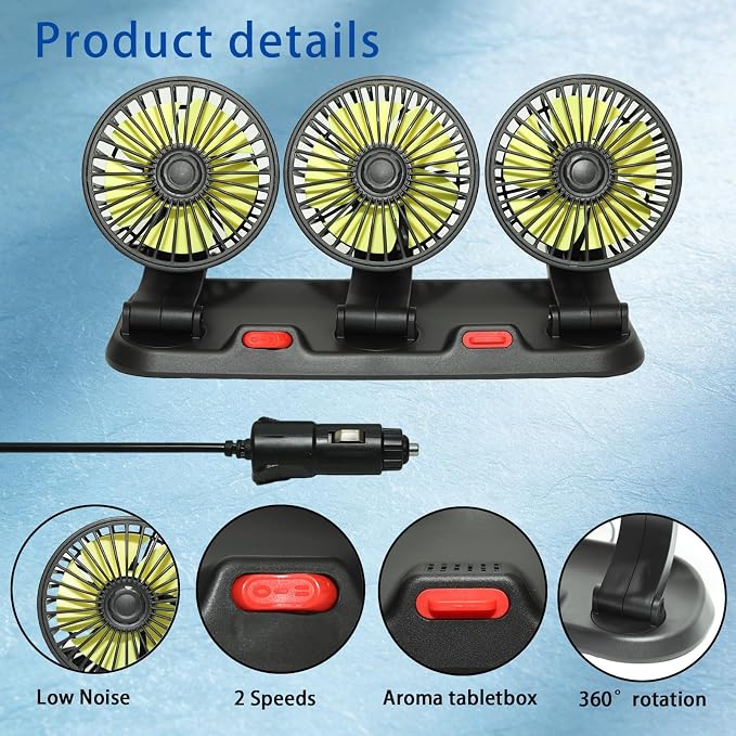 Portable 3-Head Car Cooling Fan 12V-Brushless Motor-2 Speeds, 360 Rotation,for Car Dashboard, Powerful Cooling Solution for Sedan/SUV/RV/Truck/Van Vehicles,Cigarette Lighter Powered (3-head 12V) - Image 6