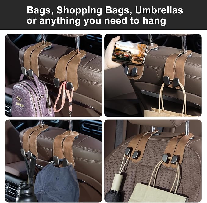 CoBak Purse Hook for Car - Universal Premium Stitched Leather and Aluminum-Magnesium Alloy Double Car Seat Back Storage Hook for Purses, Handbags, Bags (2 Pack),Brown - Image 7