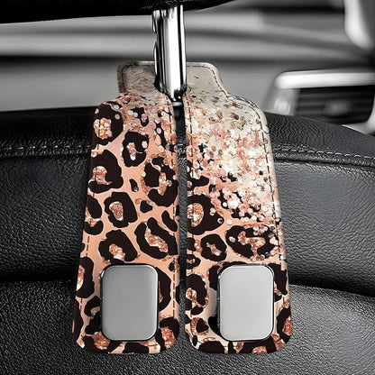 Car Seat Back Storage Headrest Hook, Premium Leather Double Metal Hook, Hanger Storage Organizer for Purse Cloth Bag, Car Interior Accessories Glitter Pink Leopard - Image 6