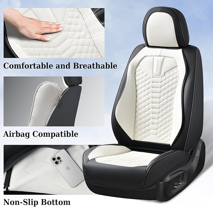Coverado Leather Seat Covers, Car Seat Covers Full Set, Waterproof Nappa Leather Car Seat Cover, Car Seat Protectors 5 Seats, Black & White Automotive Seat Covers Fit for Most Cars Trucks - Image 4