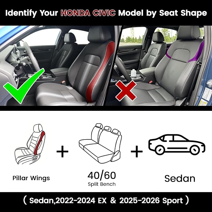 HKZ Custom Fit Civic Seat Cover Full Set for Honda Civic 4 Door Sedan-Only (2022 2023 2024 EX)&(2025-2026 Sport),5-Seats Full Set,Leather Seat Protector(Grey) - Image 2