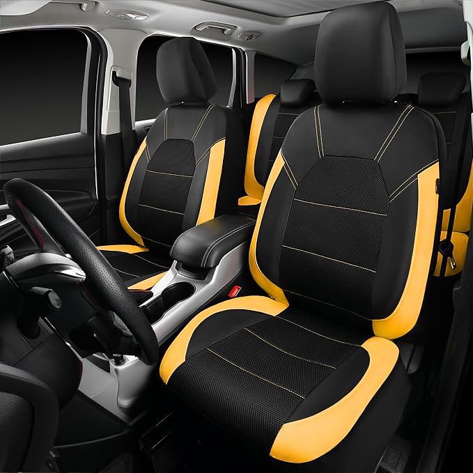 CAR PASS Leather Seat Covers, Breathable Universal Car Seat Cover Full Set for Cute Women Girly,5mm Composite Sponge Inside,Airbag Compatible Fits Most Auto,SUVs,Trucks,Vans(Full Set,Black&Yellow) - Image 7