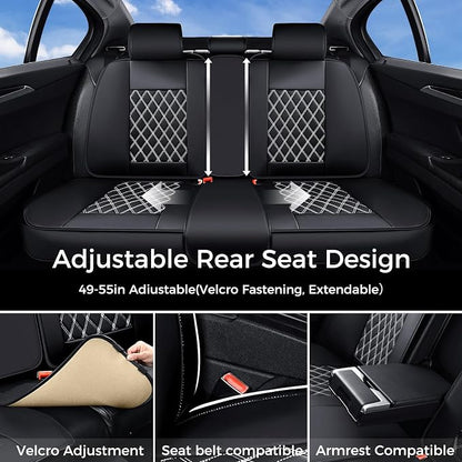 Huidasource Universal Car Seat Cover, Nappa Leather Car Seat Cover Set, Velcro Adjustable, Compatible with Airbags, Armrests, Child Seat, fit for Most Cars, Vans, Trucks, SUVs (Full Set/Black&White) - Image 3
