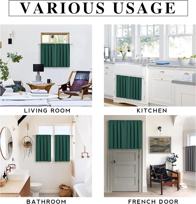 RYB HOME Short Hunter Green Blackout Curtains for Small Bedroom Window Cafe | Thermal Insulating, UV Blocking, Privacy Protection, Drapes/Tiers for Basement Garage Bathroom, W42 x L36, 2 Panels - Image 6