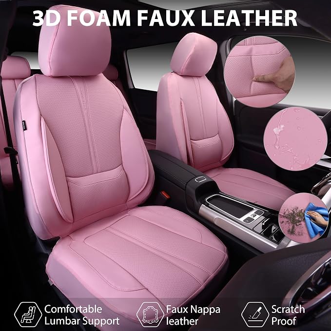 CAR PASS Pink Leather Seat Covers Full Set, Water Resistant 3D Foam Faux Leather Seat Cover, Luxury Comfort Automotive 5 Seat Covers Cute for Women Girly, Universal Fit SUV, Vans, Trucks, All Pink - Image 2