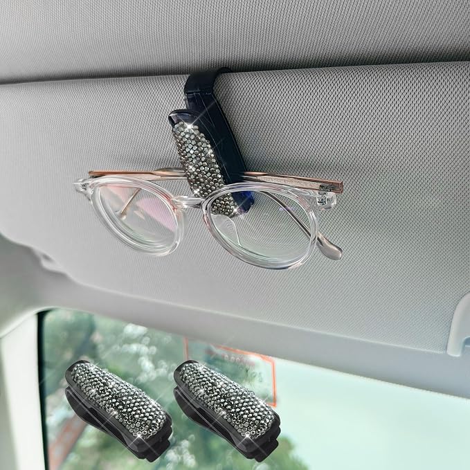 2PCS Glasses Holders for Car Sun Visor, Fashion Bling Crystal Rhinestones Car Eyeglasses Sunglasses Hanger Mount with Ticket Card Clip, Universal Vehicle Visor Accessories for Women Men (Bright black) by Unknown