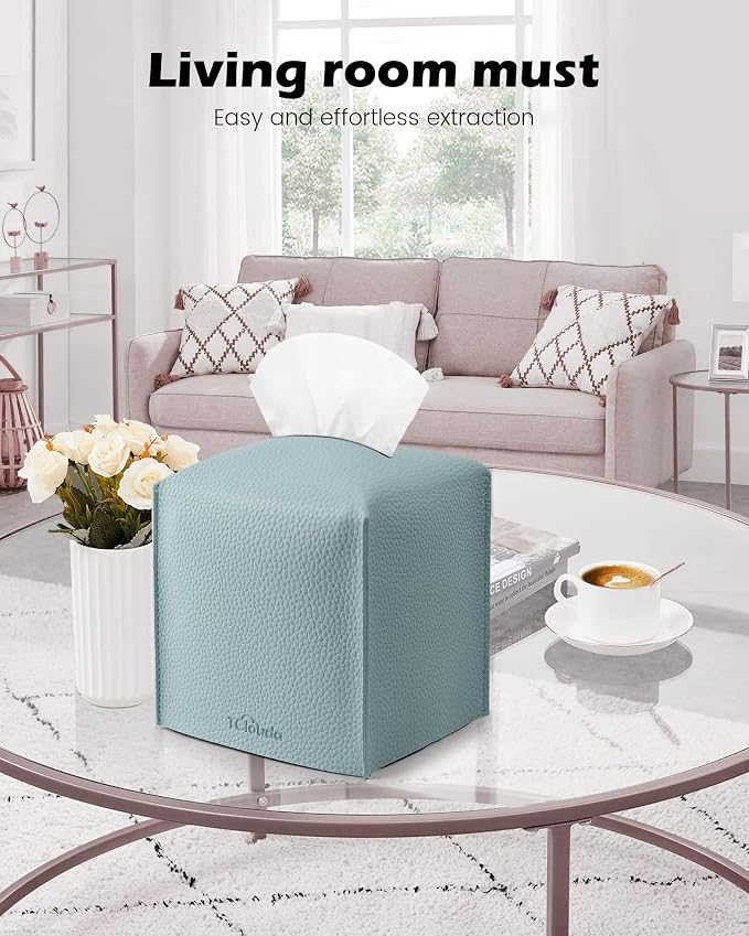 Tissue Box Cover for PU Leather, Modern Simple Solid Color Holder Square Tissue Bag, Ideal for Bathrooms,Office,Car,Nightstand,Outdoor Tent,Dining Table,5"X5"X5", Double Blue - Image 3