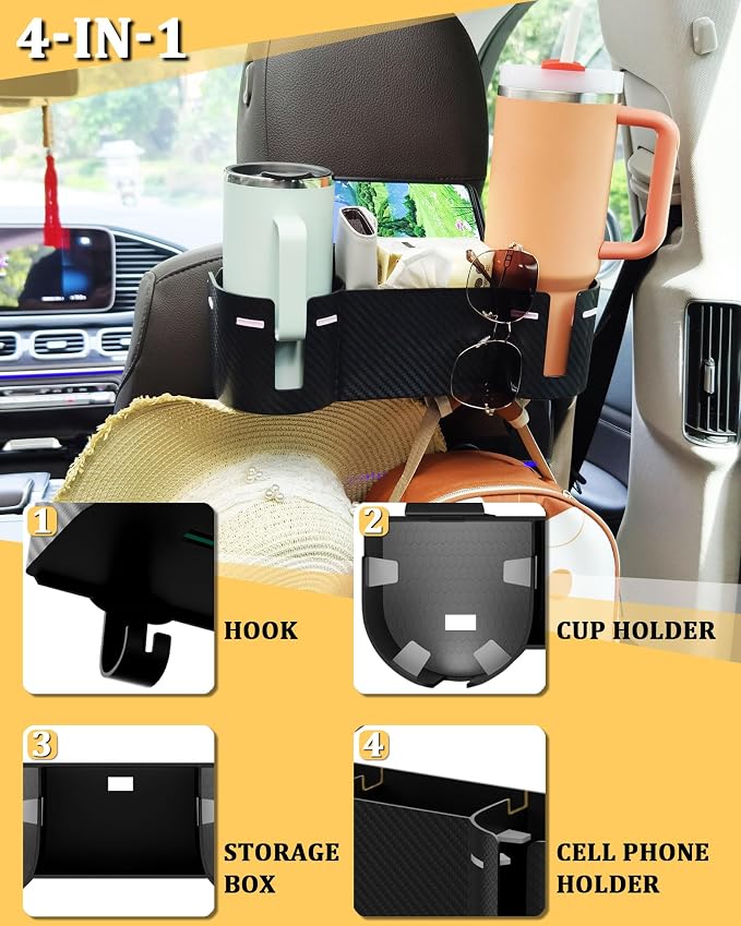 Car Headrest Backseat Cup Holder 3.7", Seat Back Organizer with Hooks | High Capacity 4 in 1 Seat Back Organizer, Multifunctional Storage for Car Travel Accessories Compatible with Most Vehicles - Image 3