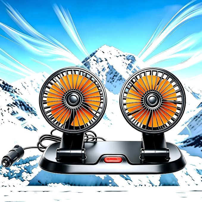 Dual Head 24V Heavy Duty Car Fan with Cigarette Lighter Plug, 2-Speed Portable Vehicle Cooling Fan, 360° Rotatable Dashboard Air Circulator for Semi Truck Tractor Bus RV, Powerful Airflow by Unknown