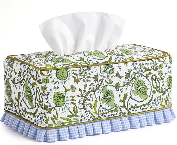 Block Print Fabric Tissue Box Cover, Floral Cluster, Bean Green | Rectangular Ruffle Sleeve, Decorative Holder for Bathroom Vanity Car, Napkin Dispenser Grand Millennial Boho Decor Home by Acellegic